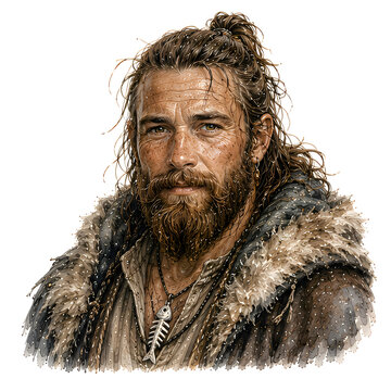 B&auml;rtiger Wikingerkrieger mit Haarknoten und Fellumhang im nordischen Fantasy Stil