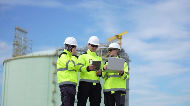 Industrial engineers team in high-visibility safety gear collaborating at LNG terminal infrastructure site, Engineering specialists reviewing technical project plans at a large LNG facility