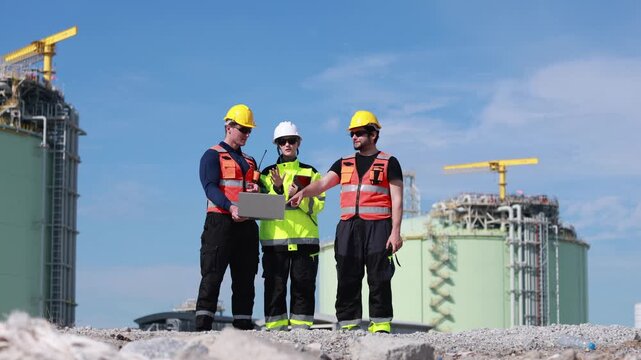 Team of engineers discussing LNG storage terminal project plans, Energy sector managers reviewing site data, Industrial specialists in safety gear evaluating liquefied natural gas infrastructure