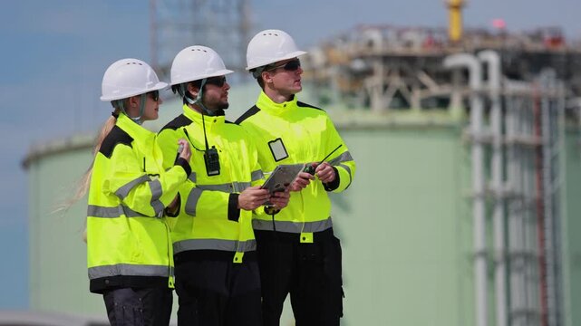 Industrial engineers in high-visibility safety gear collaborating at oil refinery, Diverse construction manager and technician inspecting energy infrastructure in safety equipment