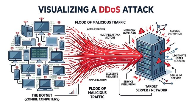 Technical infographic illustrating a ddos cyber attack on network server