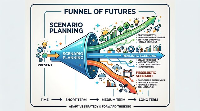 Business scenario planning diagram for future strategy outcomes