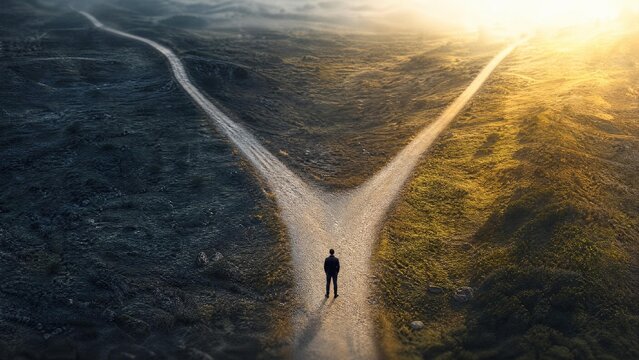 divergence. Aerial view of a diverging path symbolizing life choices, with atmospheric lighting and natural surroundings. wellbeing guides.