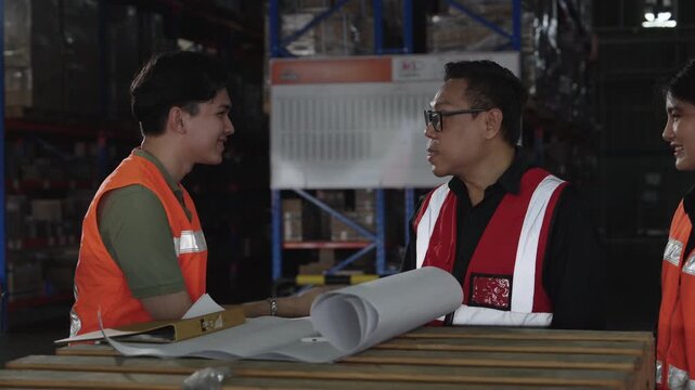 Reflective Vests & Document Review: Three workers meticulously inspect white document at warehouse table during an industrial inspection process, illuminated within darkened warehouse setting.