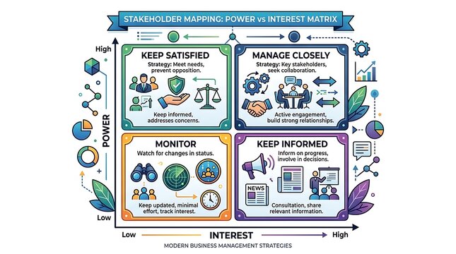 Stakeholder mapping power vs interest matrix infographic