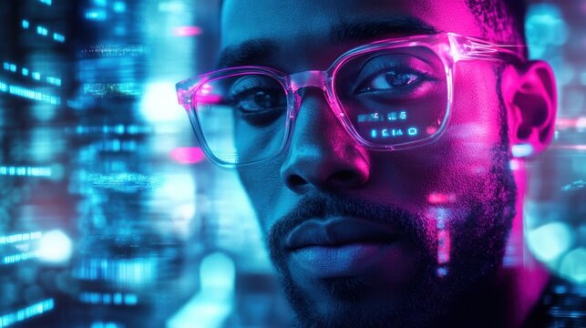 Man with glasses and digital code reflection