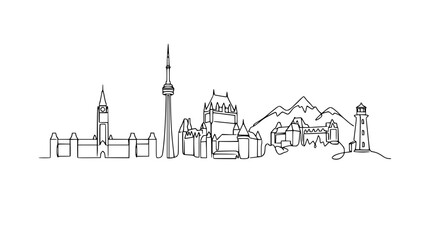 Obraz premium Continuous Line Drawing of Canadian Skyline - Toronto, Quebec City, Rocky Mountains, Lighthouse
