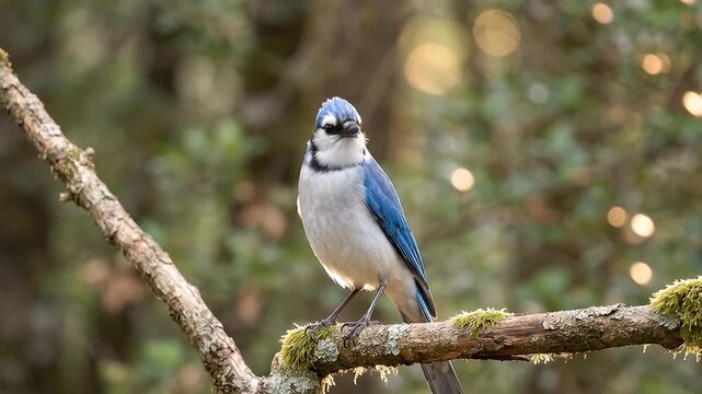 Blue jay perched on a mossy branch in a forest setting, showcasing its vibrant blue, white, and black plumage in soft natural light