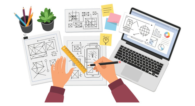 Designer hands sketching mobile app wireframes on desk with laptop