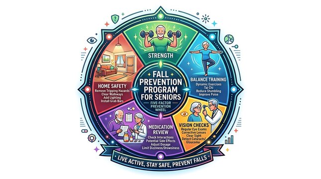 Senior fall prevention program infographic with five wellness factors