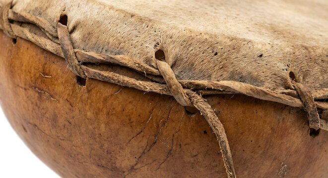 Traditional handcrafted calabash drum close-up with animal skin