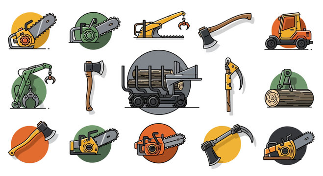 Forestry and Logging Equipment Vector Icon Set