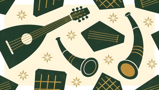 Austrian Alpine Folk Instrument Silhouette Half-Drop Textile Pattern &mdash; Zither Alphorn Hackbrett, Forest Green Ivory Gold