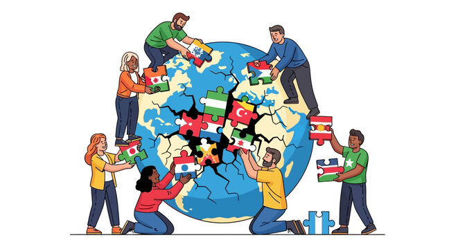 people putting together a globe with flags