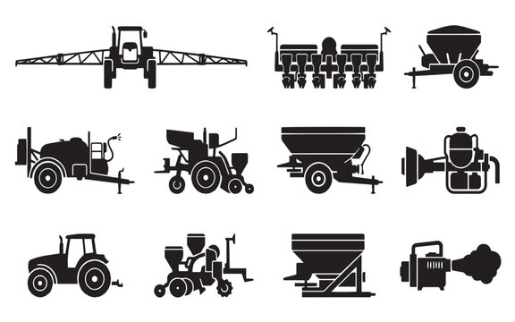 Minimalist Black Vector Agricultural Machinery Silhouette Set Featuring Farm Tractor Field Sprayer Seed Drill and Fertilizer Spreader Isolated on White Background