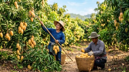 Fototapeta premium Women and Men Harvesting Mangoes in Lush Farm Field Under Sunny Sky