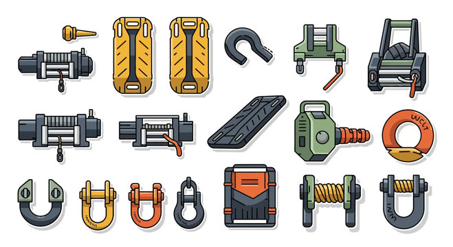 Offroad Recovery Gear and Winch Equipment Vector Icon Set