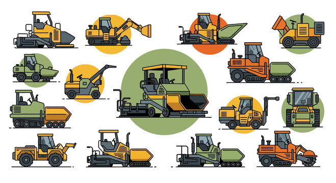 Heavy Construction Machinery and Road Paving Equipment Vector Illustration Set