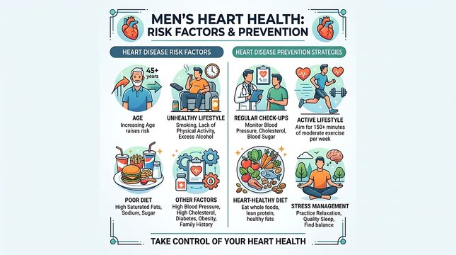 Infographic about men heart health risk factors and prevention tips