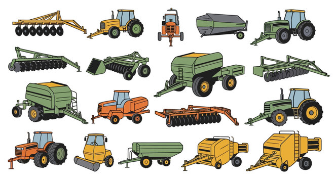 Set of agricultural machinery and farm equipment vector icons