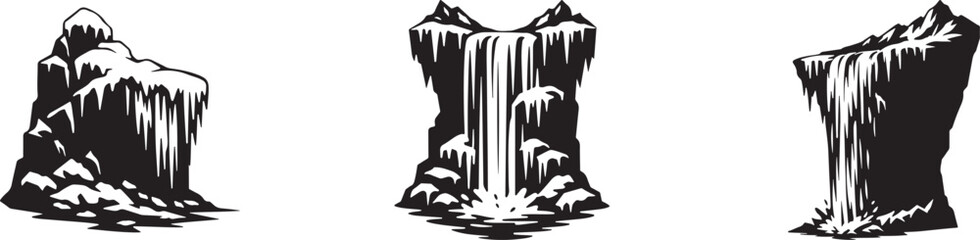Waterfall mountain cliff silhouette icon vector set, nature landscape symbol EPS illustration. © MOSTSHAMIMA