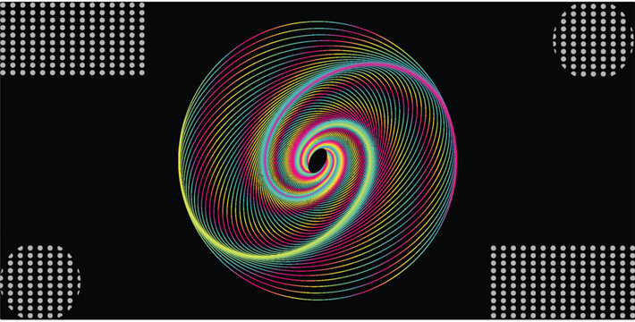 Abstract rainbow neon spiral circle vector illustration. Colorful line vortex sphere with halftone dot pattern on plain solid black background graphic design