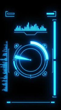 Futuristic digital interface display with circular radar, sound waves, and data charts, perfect for sci-fi or technology concepts