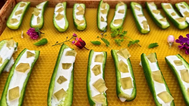 Rows of cucumber halves with cream and jelly cubes on a yellow tray, garnished with herbs and flowers