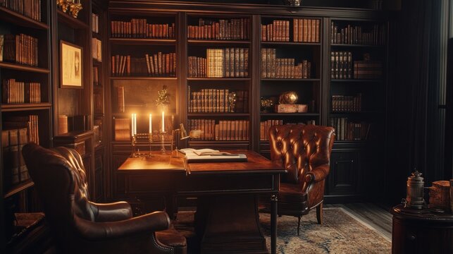 Luxury study with antique bookshelves and leather furniture