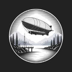Vintage Airship Blimp Floating Above Scenic Landscape. © Lumina