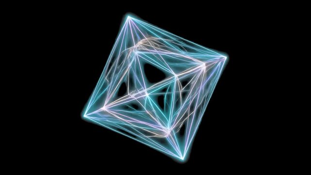 A complex 3D geometric crystal wireframe glows with electric blue light networks against a dark black backdrop. Designed for futuristic technology backgrounds, sci-fi UI overlays, and abstract cyber v