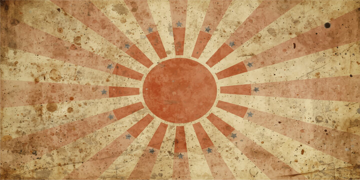 Vintage grunge rising sun flag background with distressed red rays on old stained paper texture