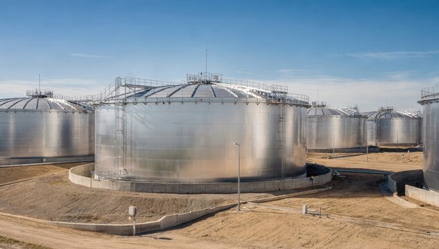 Medium shot of a tank farm with floating roofs under bright sunlight highlighting the reflective surfaces and safety dikes surrounding the large storage tanks.