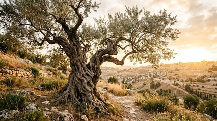Fototapeta premium Ancient gnarled olive tree overlooks Jerusalem Old City at sunset with golden light illuminating the historic buildings and landscape