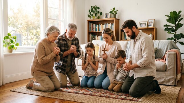 Multi generational family praying together on knees in living room holding cross with eyes closed in devotion