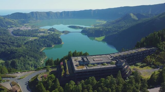 Aerial view of the abandoned hotel monte palace overlooking the sete cidades caldera in sao miguel