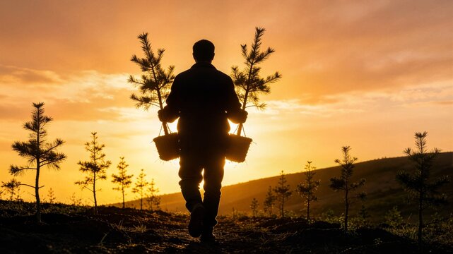 Silhouette of man carrying tree saplings during sunset in field ideal for afforestation project presentation and environmental group social media