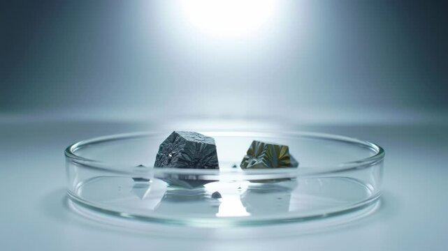 Two mineral crystals, one dark metallic and one golden, in a glass petri dish on a laboratory surface with a bright light source in the background, science research concept