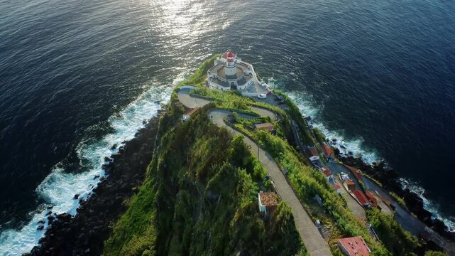 Scenic aerial view of arnel lighthouse in the azores
