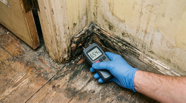 Home inspection technician measuring moisture in moldy wall corner with digital meter and blue glove, assessing water damage, rot and dampness in an old room