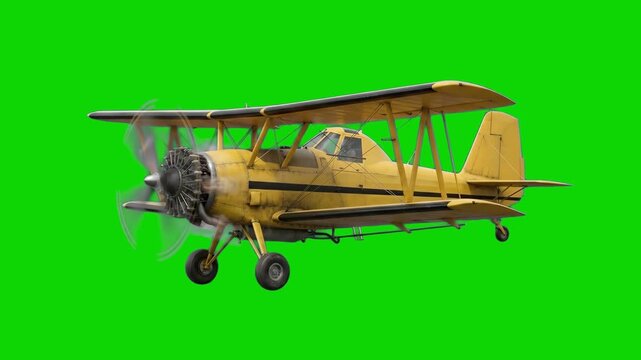A 3D animated classic yellow biplane with its propeller spinning sits isolated against a bright green screen background. Perfect for historical aviation videos, flight simulation mockups, and creative