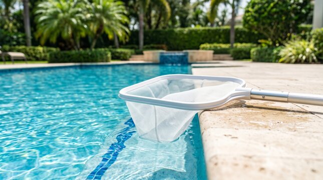 Pool skimmer net resting on the edge of a clear blue swimming pool in a tropical backyard garden, pool cleaning and maintenance scene on a sunny day