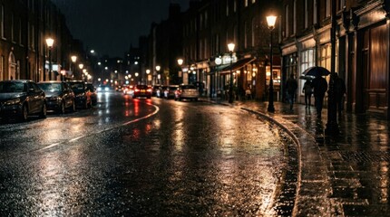 Fototapeta premium Nighttime Street Scene with Wet Pavement and Street Lamps