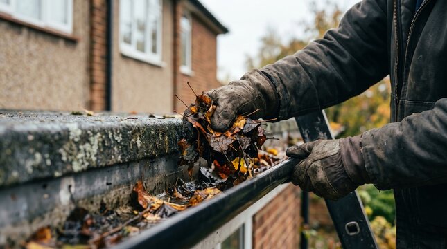 Professional gutter cleaner removing wet autumn leaves from a house roof gutter with gloved hands, outdoor home maintenance and rain drainage system service