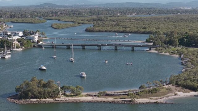 Boats Anchored In Coomera River - Jabiru Island, Paradise Point, Queensland, Australia. - aerial shot