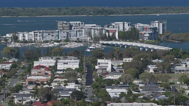 Ephraim Island Bridge Connecting The Mainland To Ephraim Island In Paradise Point, Gold Coast, Australia. Aerial Sideways Shot