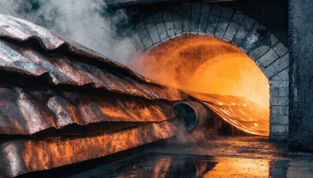 Medium shot of copper sheets being loaded into a batch furnace for recrystallization annealing showcasing controlled heating to restore metal ductility.