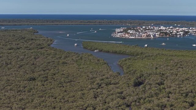 Coomera Island Mangroves With Ephraim Island Estate In Gold Coast, Queensland, Australia - Aerial shot