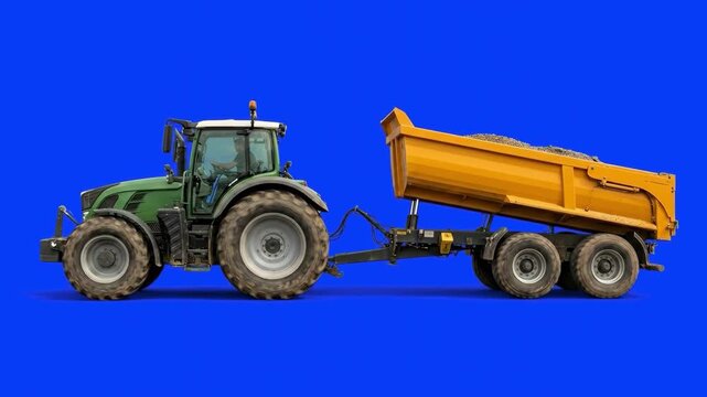 A realistic 3D animation of a green agricultural tractor pulling a heavy yellow tipper cargo trailer against a solid blue backdrop. This isolated farming vehicle asset is optimized for agricultural pr
