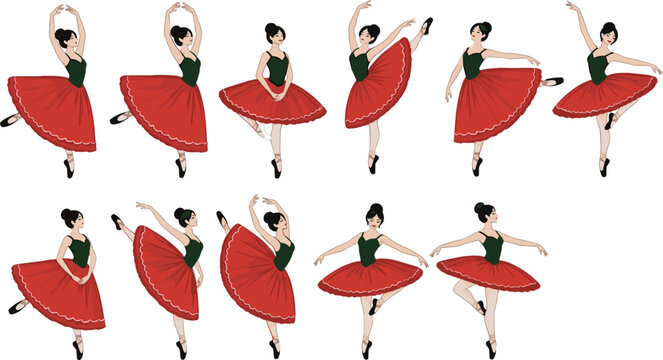 Elegant Ballerina Character Poses Collection Featuring Female Ballet Dancers in Red Skirts Performing Classical Dance Steps Vector Illustration